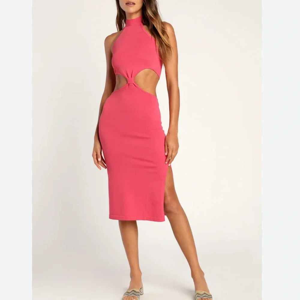 Lulu's Loving It Hot Pink Knit Cutout Midi Dress - Picture 1 of 7